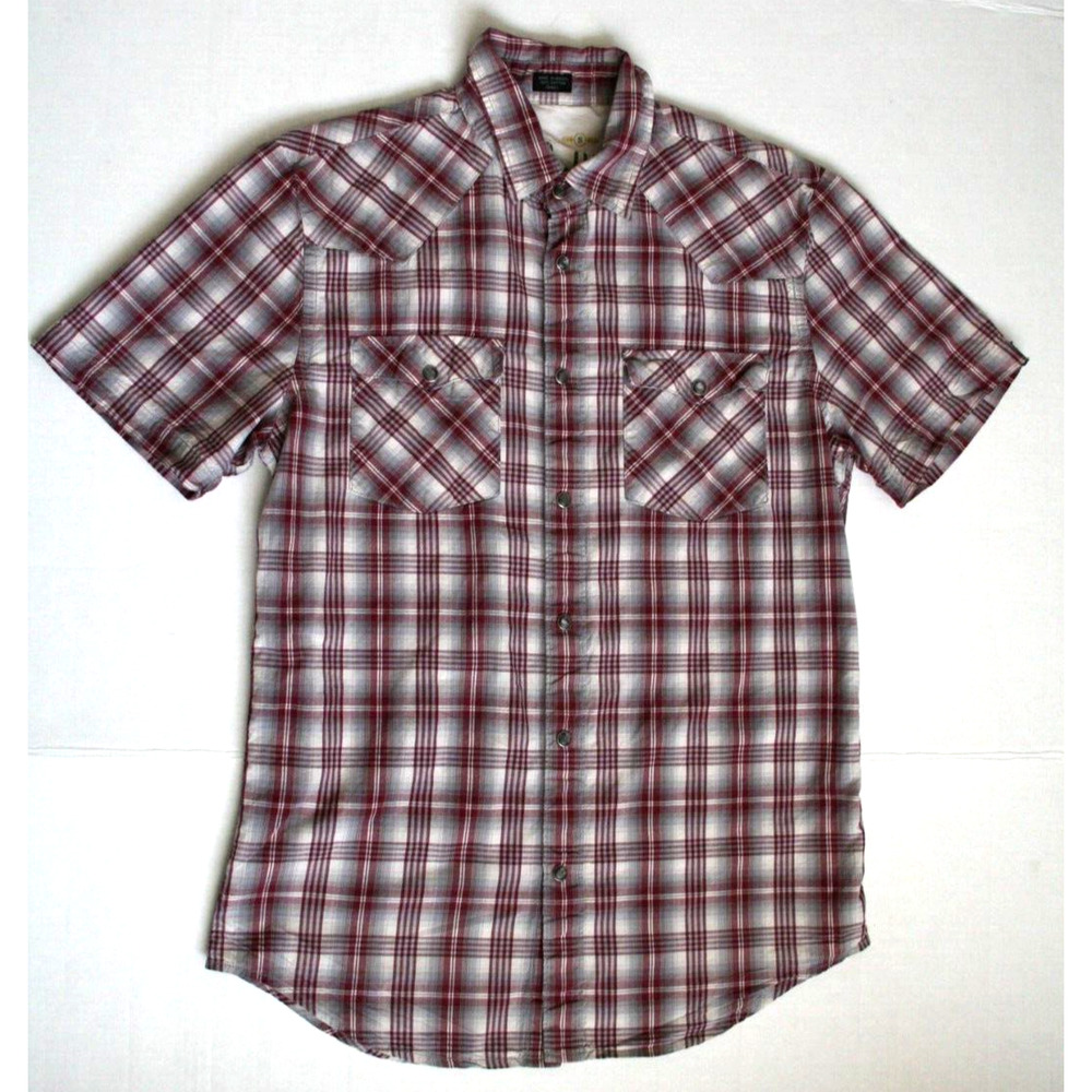 Bullhead Men Size Small Button Up Shirt Maroon Gray Pearl Snap Plaid Western